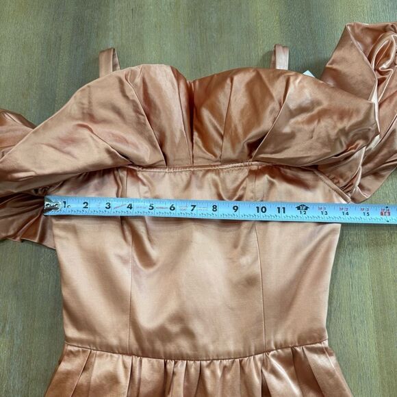 Ulla Johnson Metalic Satin Midi Dress 00 Copper Tulip Hem Off Shoulder New Money - Picture 5 of 16